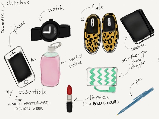 wmcfw_essentials1, world mastercard fashion week, fashion week, toronto fashion week, elana camille, cameras & clutches, cameras and clutches, leopard print shoes, leopard print sneakers, iphone, water bottle, blossom lounge, notebook, moleskine, indigo, chapters, triple c, jcrew, j.crew, phone charger, watch, o clock, pen, red lipstick, fashion illustration, fashion sketch, fashion blog, style blog, canadian, canadian blogger, toronto blogger, elana, essentials, fashion week essentials, 