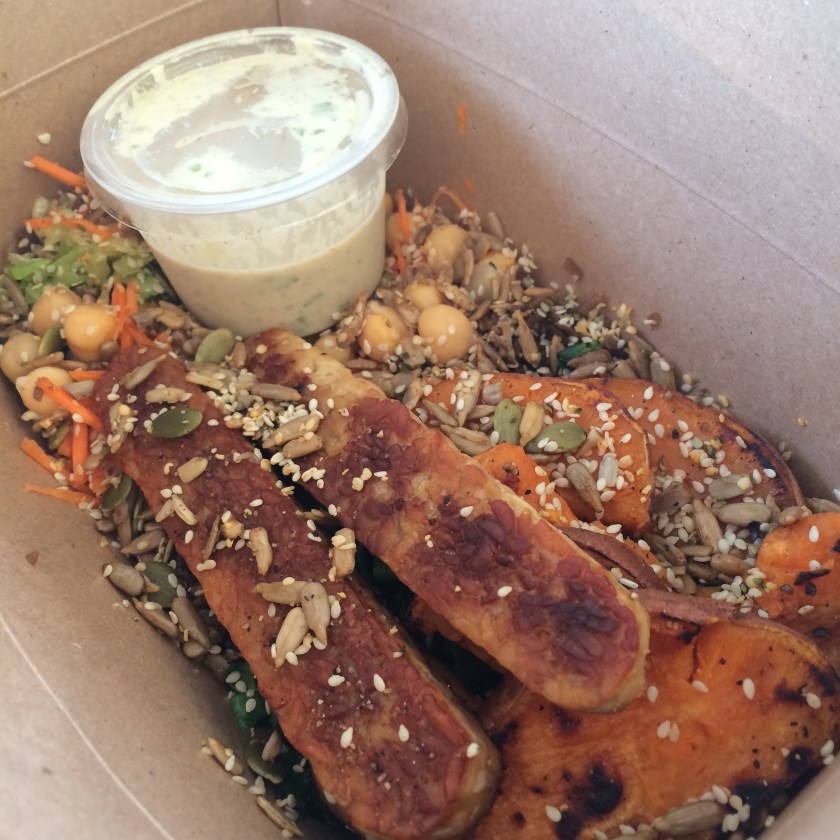 Tofu, Tempeh, Collards, Kale, Chickpeas, Sweet Potatoes, Hemp Cabbage Slaw, Burdock, Mixed Seeds, Rice, Tahini Sauce, Trainers Bowl, Live Market, vegan, vegan meal, foodie, Toronto food, Toronto foodie, vegan foodie