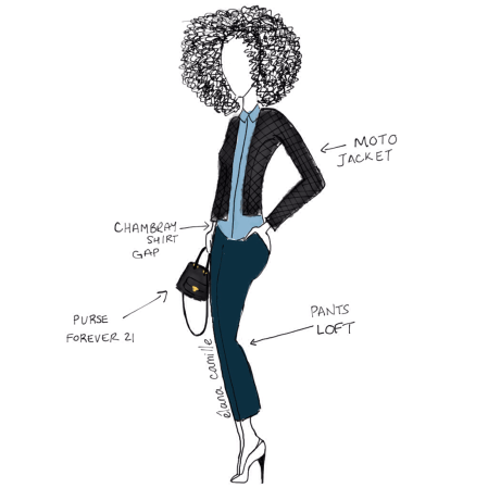 MotoJacket, moto jacket, jacket, toronto weather, toronto fashion, fashion, style, fashion illustration, fashion sketch, forever 21, gap, loft, chambray shirt, purse, crossbody purse, bag, curly hair