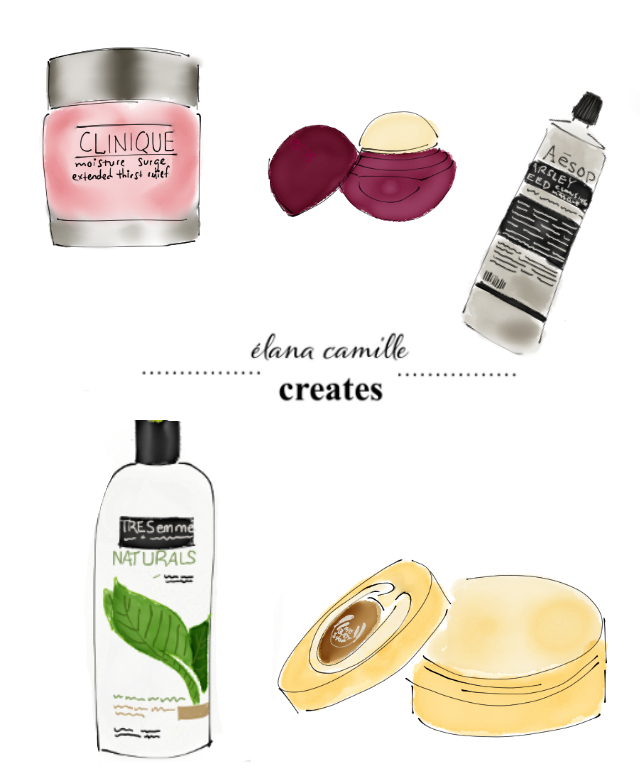 clinique, clinique moisture surge, eos, eos lip balm, aesop, aesop masque, parsley seed masque, tresemme naturals, tresemme, the body shop, shea body butter, shea butter