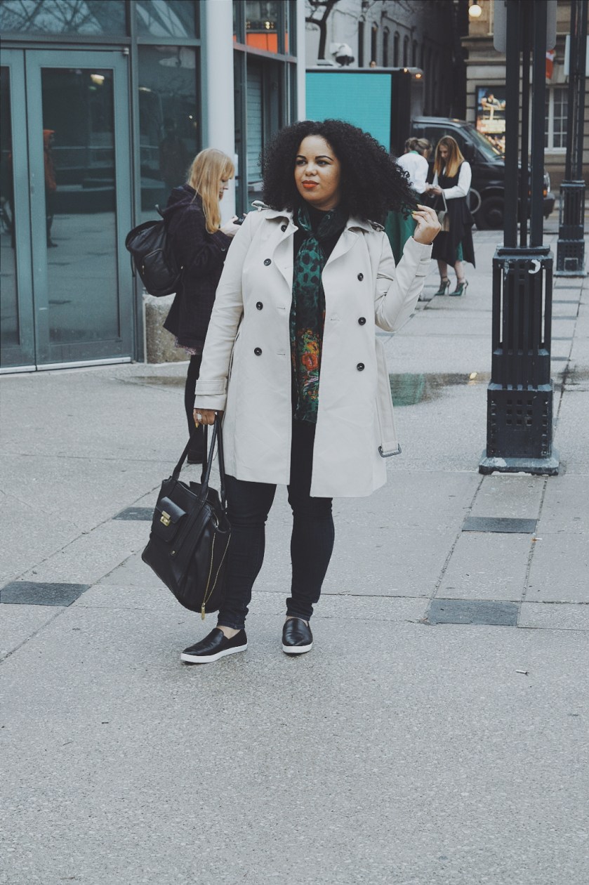Zara coat, Zara trench coat, fashion trench coat, Dolce and Gabbana, silk scarf, Target Phillip Lim, Joe Fresh, Joe Fresh style, sneaker flats, sneakers, fashion sneakers, platform sneakers, fashion sneaker, denim, curly hair, natural hair