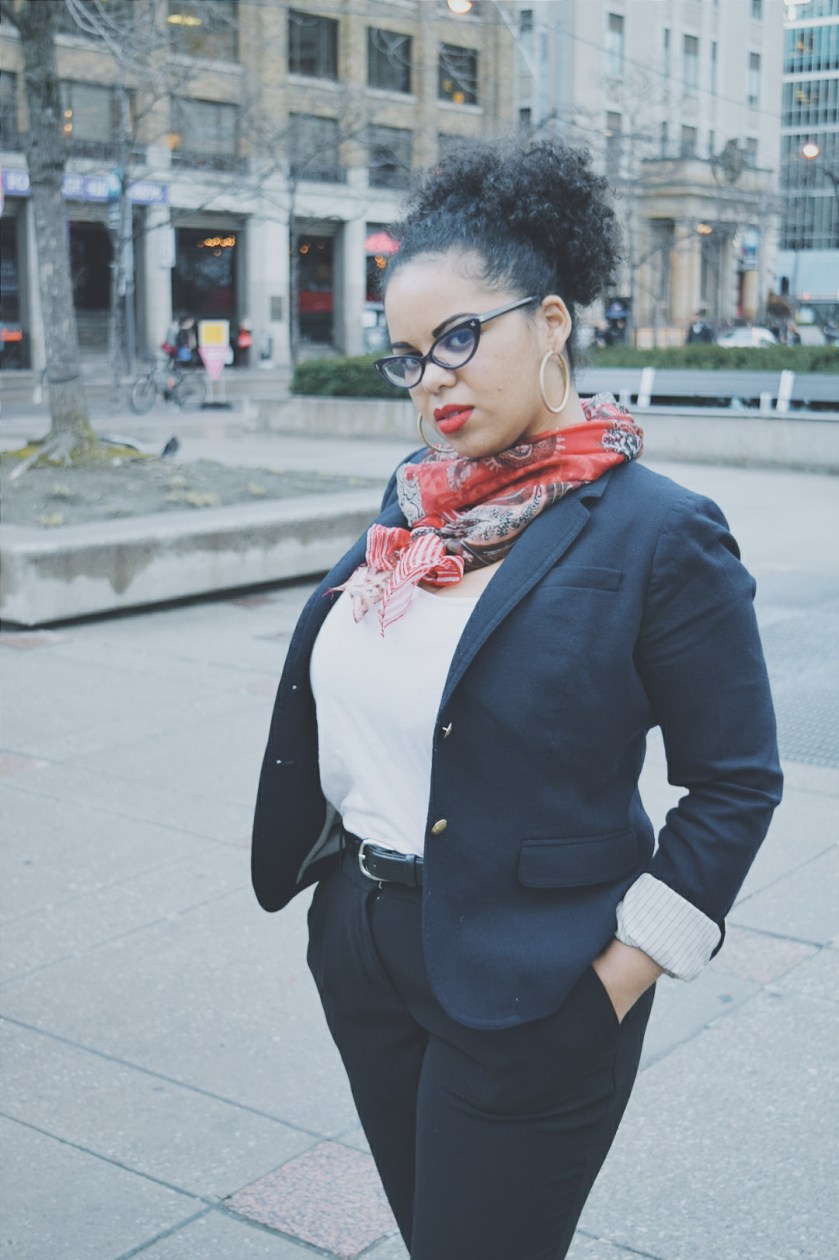 red lipstick, curly hair, natural hair, natural hair toronto, curly hair toronto, navy blazer, jcrew blazer, etro scarf